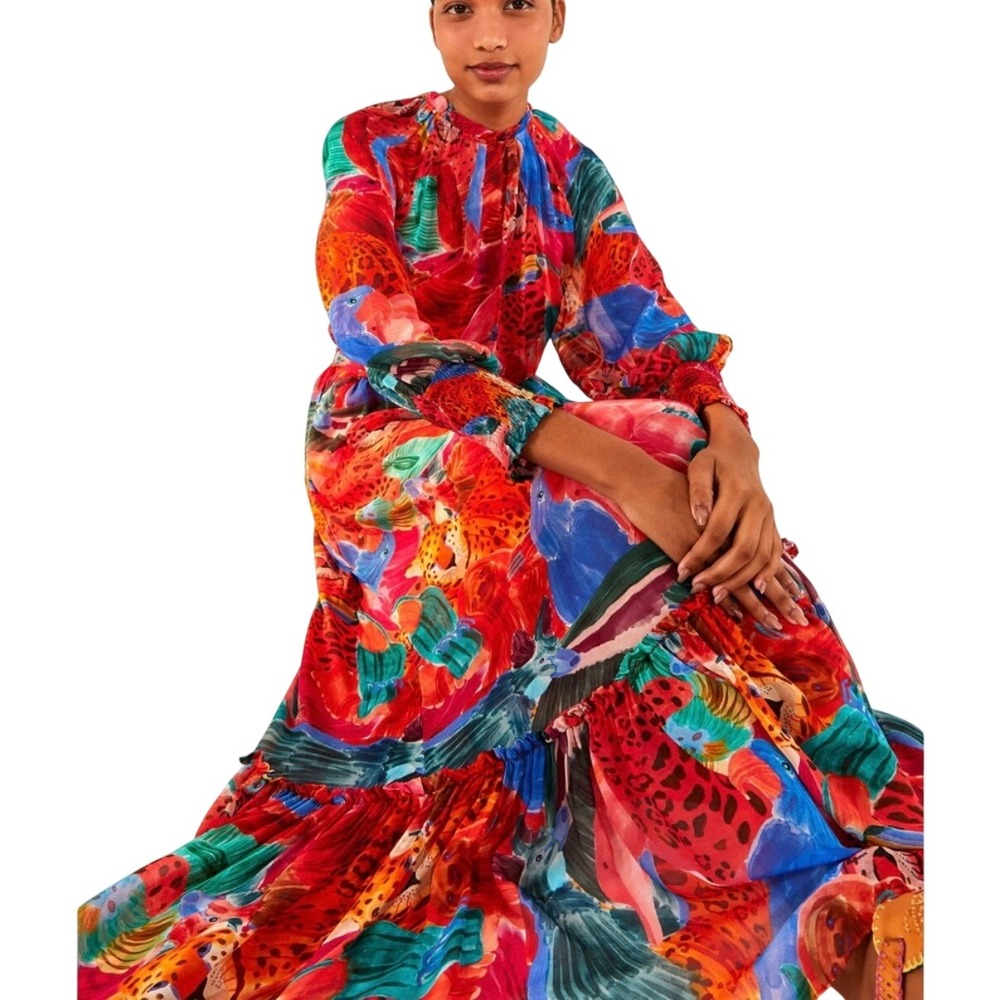 Farm Rio Mixed Print Maxi Dress Animal Collage Tie Waist Ruffle Long Sleeve XS